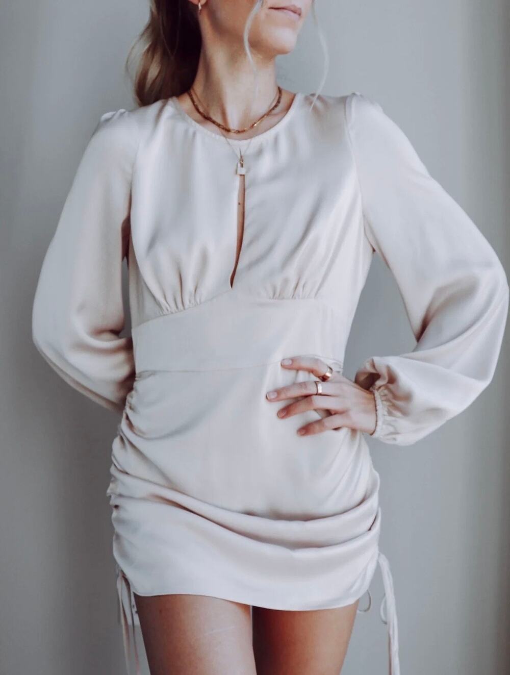 VICI The Myles Satin Ruched Mini Dress Champagne Small S